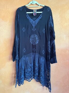 Johnny Was Embroidered Tunic Dress Boho Silk Cupra Lace Hem Blue